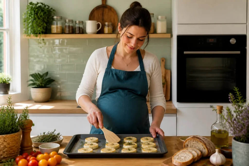 Femme enceinte préparant des fromages de chèvre Rocamadour au four dans une cuisine lumineuse