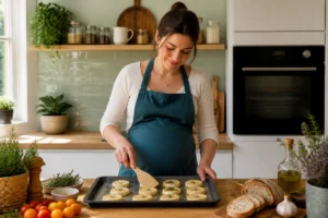 Femme enceinte préparant des fromages de chèvre Rocamadour au four dans une cuisine lumineuse