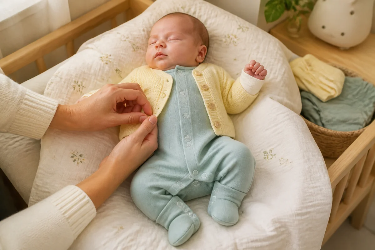 Habiller bébé à la naissance : nouveau-né en body, grenouillère et gilet dans une chambre chaleureuse
