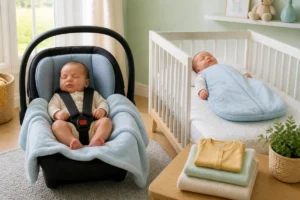Habiller bébé à la naissance : nouveau-né en siège auto sécurisé et turbulette adaptée dans une chambre lumineuse
