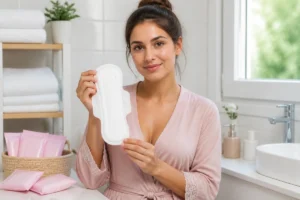 Jeune mère présentant une protection postnatale dans une salle de bain lumineuse, illustrant l’hygiène intime après l’accouchement