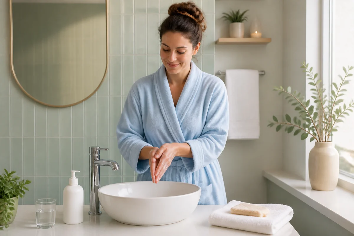 Jeune mère post-partum se lavant délicatement les mains avec un savon doux dans une salle de bain lumineuse