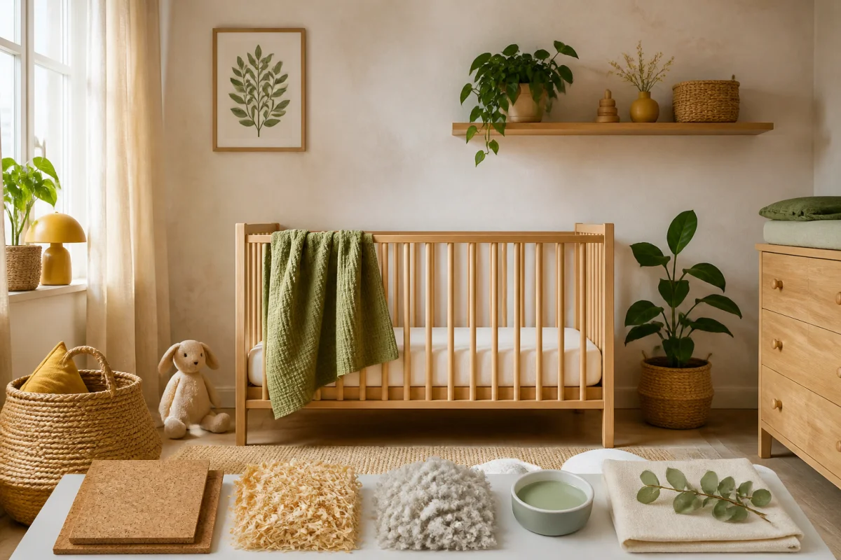 Chambre de bébé saine avec isolation écologique, matériaux naturels, berceau en bois et échantillons de liège et laine de bois