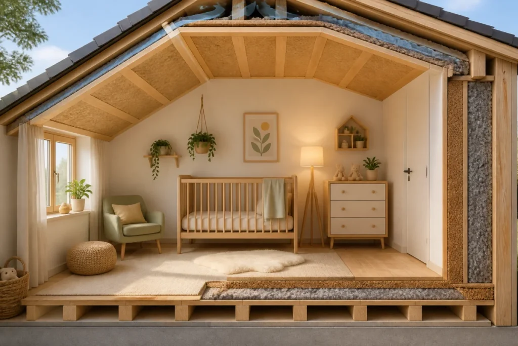 Chambre de bébé avec berceau en bois et isolation écologique visible au plafond, aux murs et sous le plancher