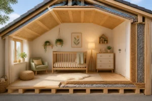 Chambre de bébé avec berceau en bois et isolation écologique visible au plafond, aux murs et sous le plancher