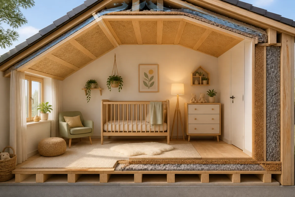 Chambre de bébé avec berceau en bois et isolation écologique visible au plafond, aux murs et sous le plancher