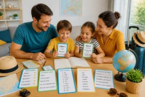 Famille préparant un voyage en Europe avec des fiches de vocabulaire et des salutations multilingues