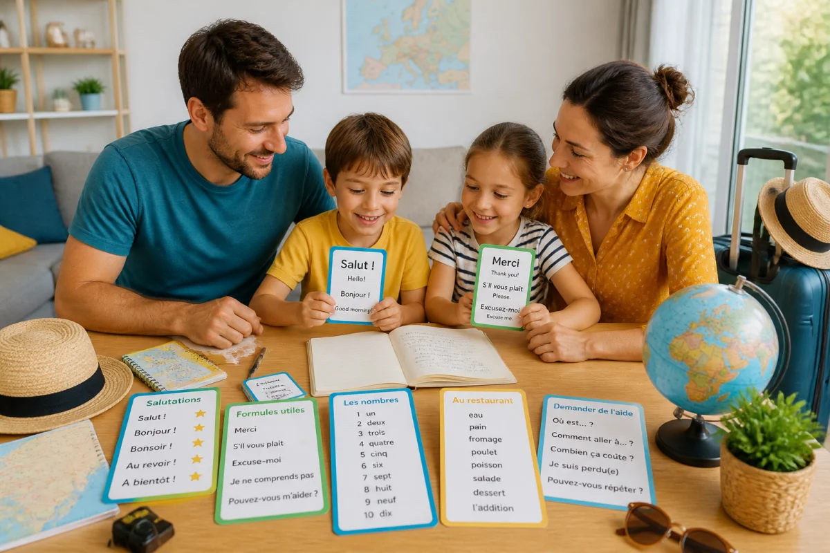Famille préparant un voyage en Europe avec des fiches de vocabulaire et des salutations multilingues