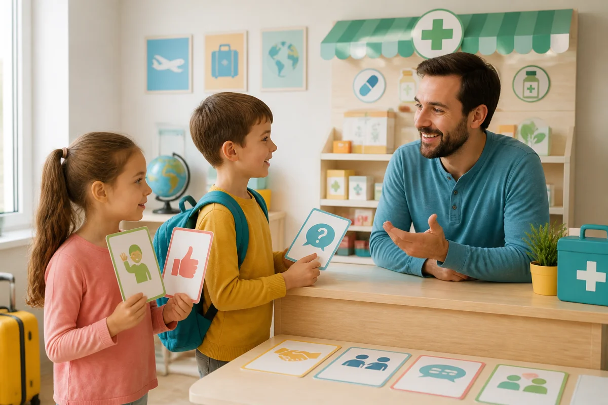 Parent et deux enfants apprennent les langues européennes pour voyager en famille en jouant au pharmacien