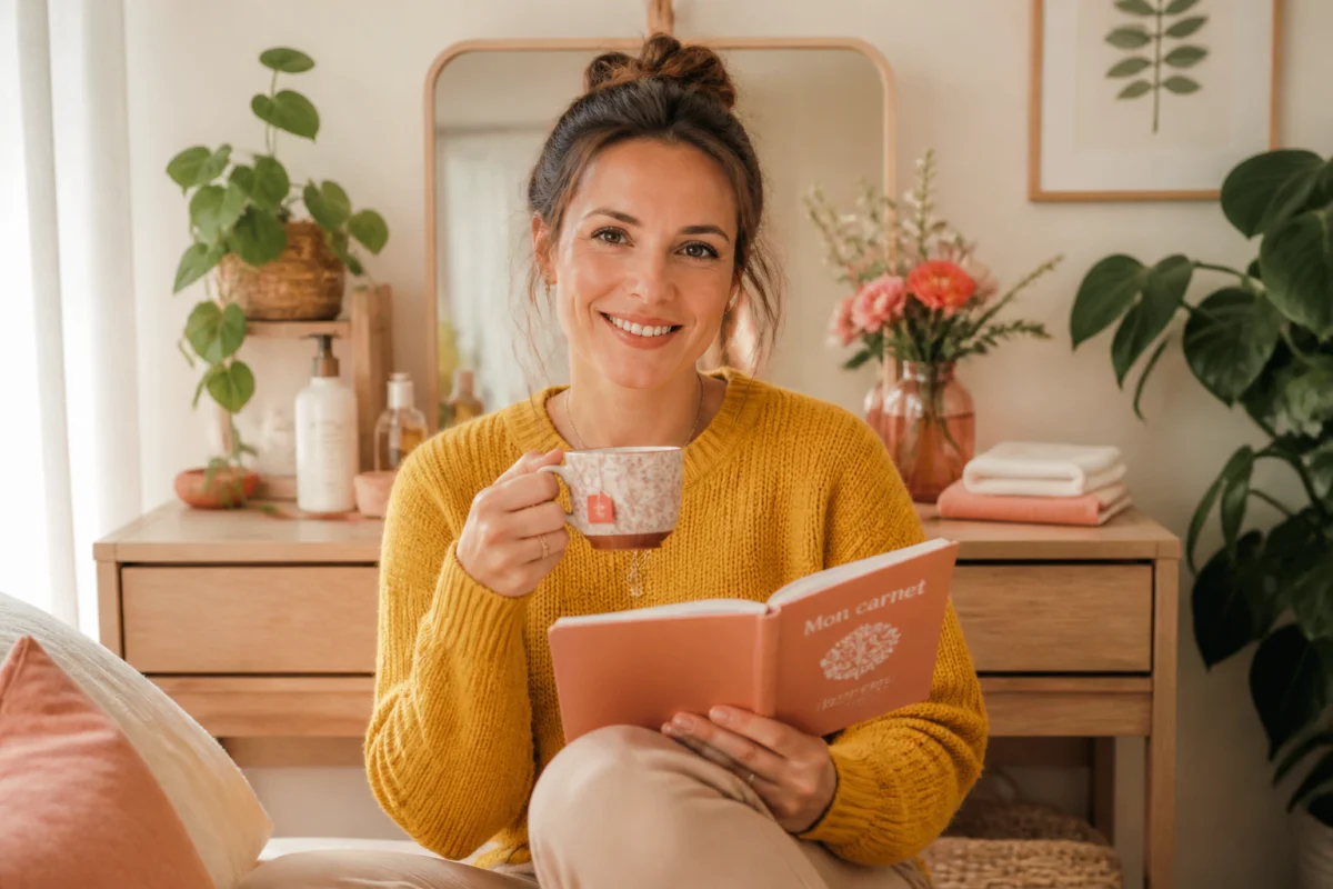 Maman souriante prenant une pause bien-être avec infusion et carnet dans une chambre lumineuse et apaisante
