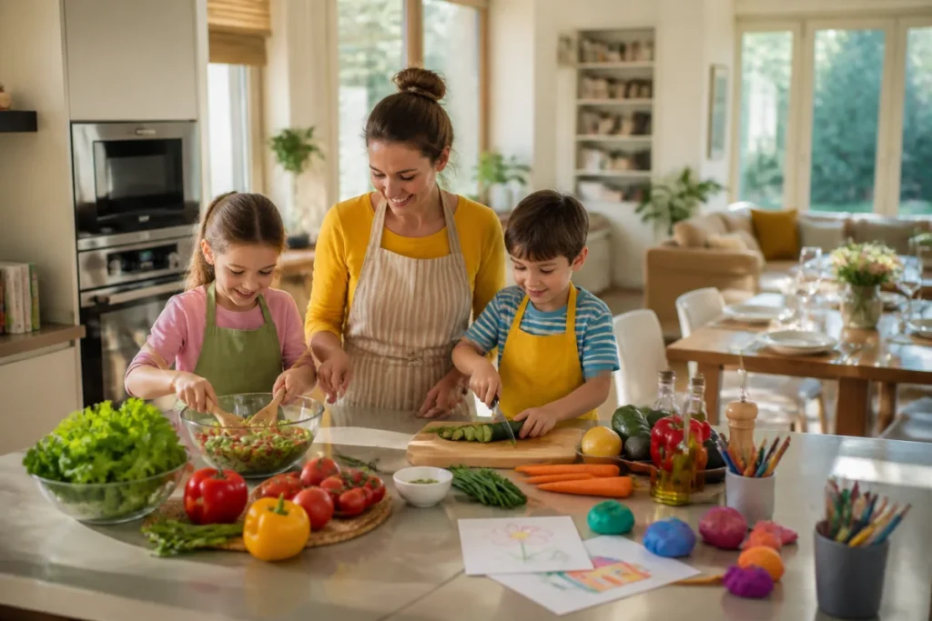 Maman DeTeste prépare un repas avec ses deux enfants dans une cuisine familiale lumineuse et chaleureuse