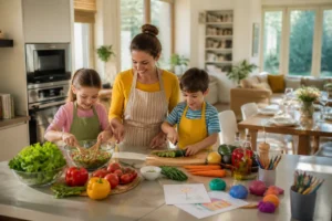 Maman DeTeste prépare un repas avec ses deux enfants dans une cuisine familiale lumineuse et chaleureuse