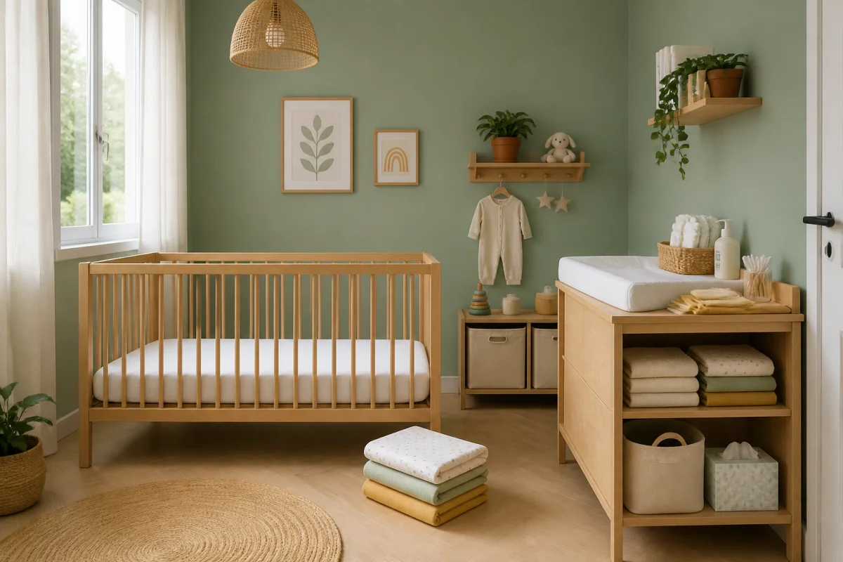 Chambre de bébé organisée avec lit sécurisé, table à langer fonctionnelle et fournitures essentielles avant la naissance
