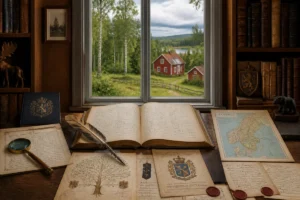 Documents généalogiques anciens et carte de Suède sur une table, illustrant l’étude des noms de famille suédois