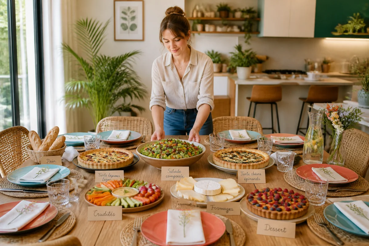 Organiser un repas après naissance : jeune mère préparant sereinement une table familiale pour huit personnes.