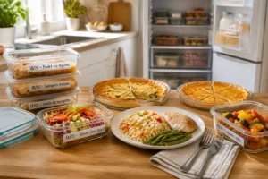Boîtes de restes étiquetées et portion complète pour organiser un repas après naissance dans une cuisine familiale