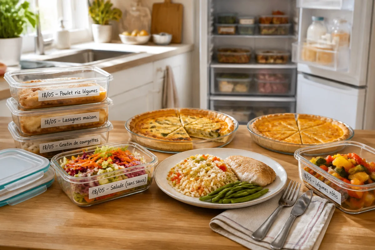 Boîtes de restes étiquetées et portion complète pour organiser un repas après naissance dans une cuisine familiale