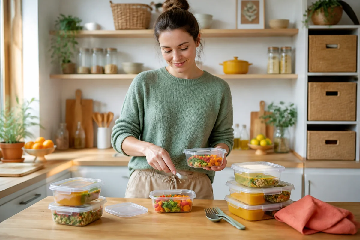Jeune parent préparant sereinement un repas post-partum individuel dans des contenants hermétiques, en cuisine lumineuse