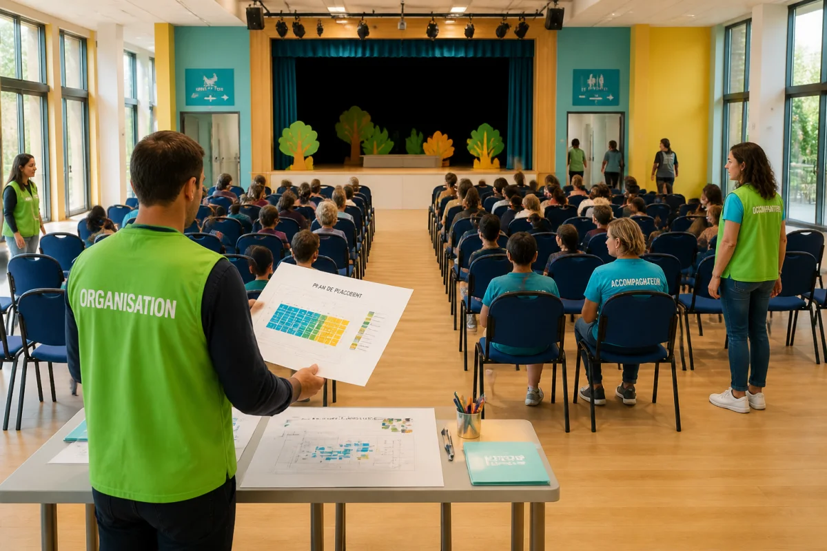 Organisateur préparant le placement des enfants avec un plan de salle avant un spectacle pour enfant