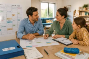 Parents séparés organisant ensemble le calendrier familial, avec leur enfant, pour préserver l’équilibre familial après séparation