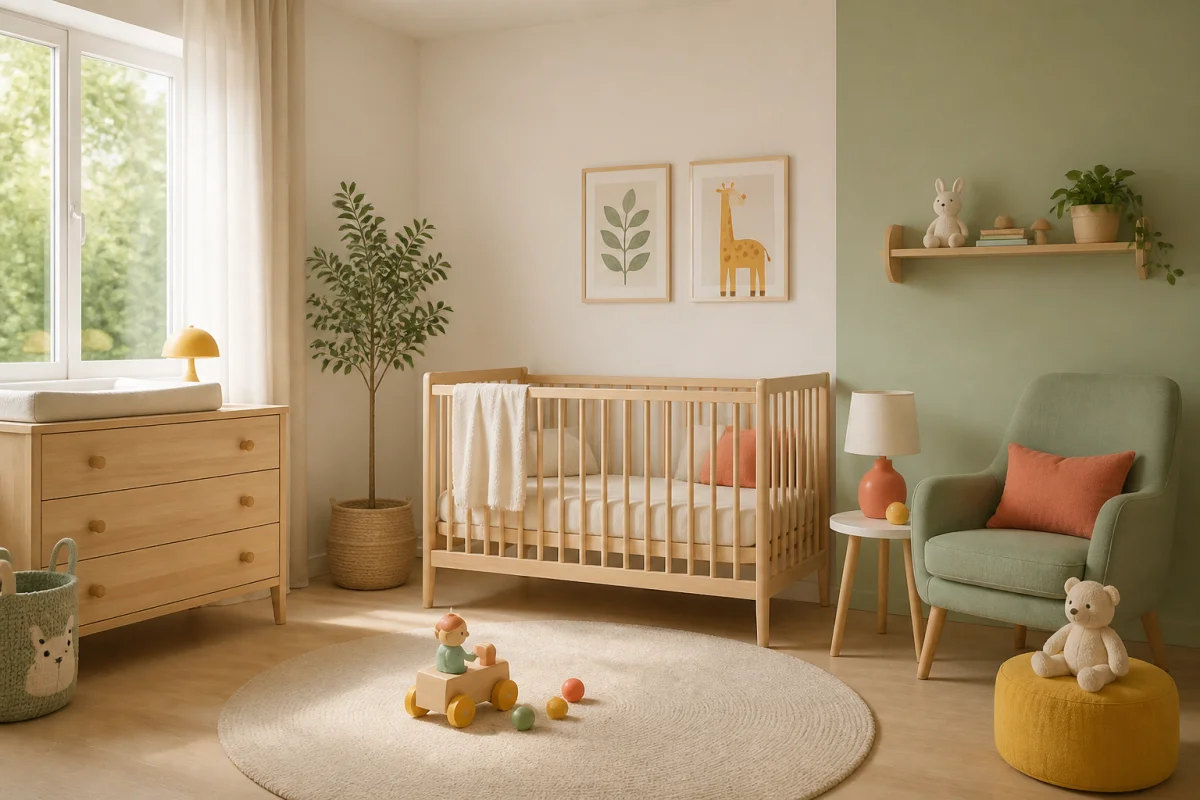 Chambre de bébé personnalisée selon la règle 60-30-10, avec murs clairs, vert sauge et accessoires colorés