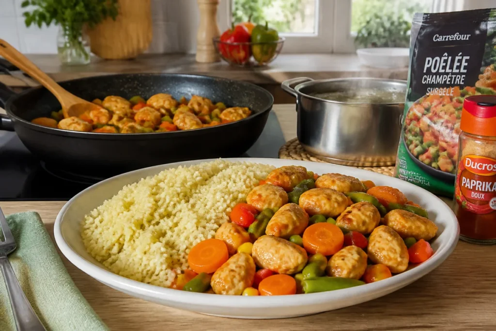 Recettes rapides pour jeunes mamans : poêlée de poulet doré, légumes colorés et semoule moelleuse