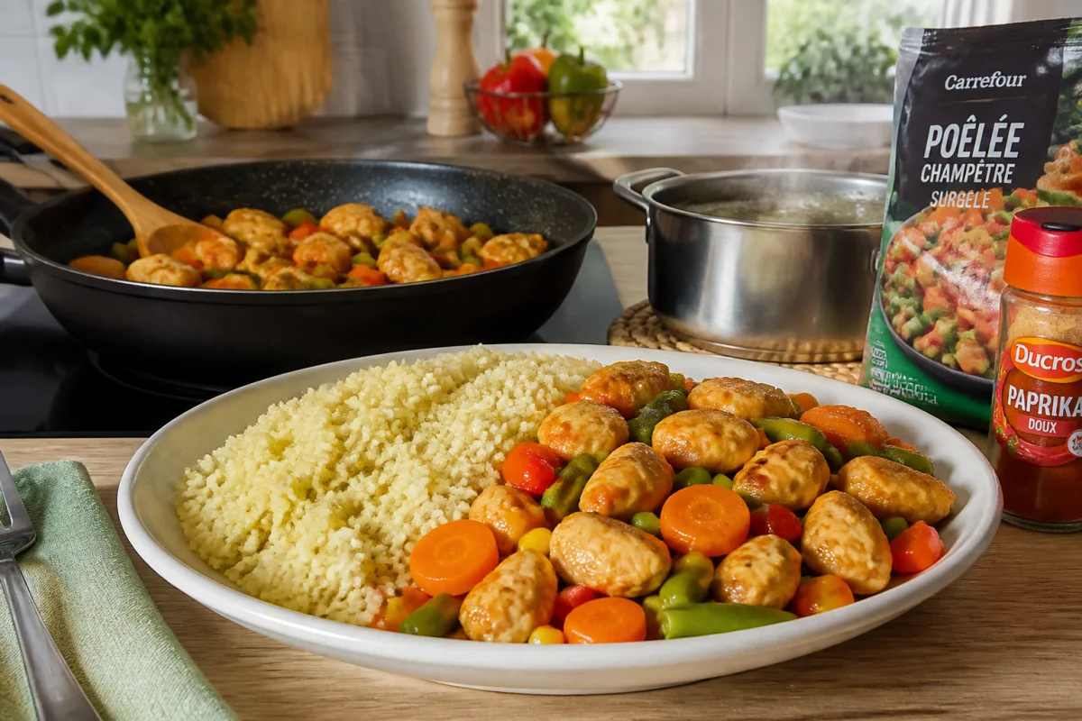 Recettes rapides pour jeunes mamans : poêlée de poulet doré, légumes colorés et semoule moelleuse