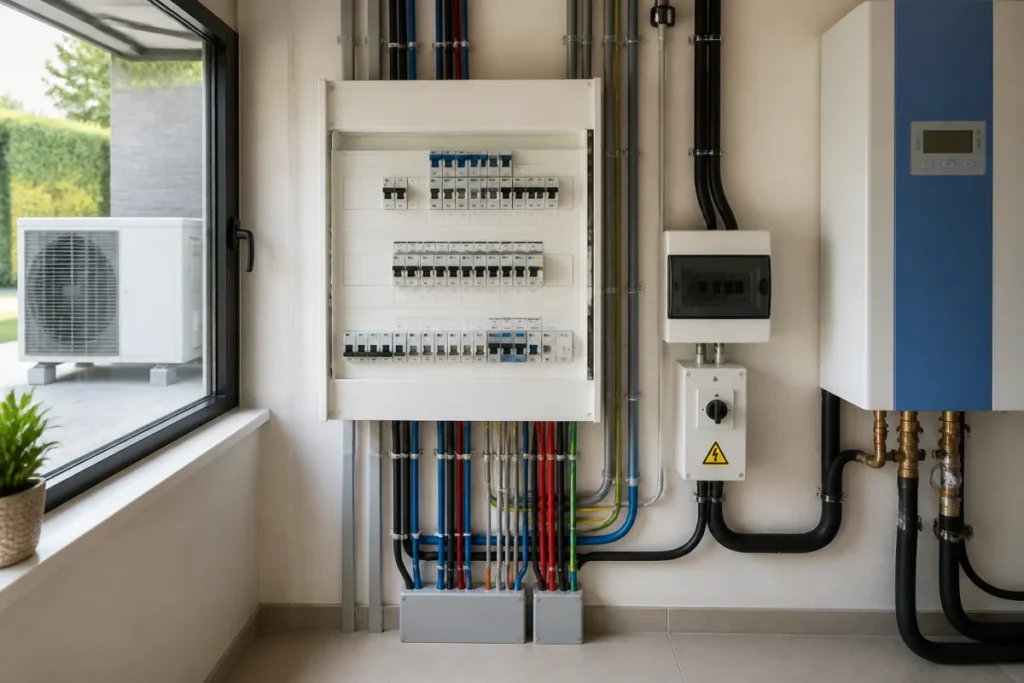 Tableau électrique sécurisé relié à une pompe à chaleur dans un local technique domestique propre et lumineux