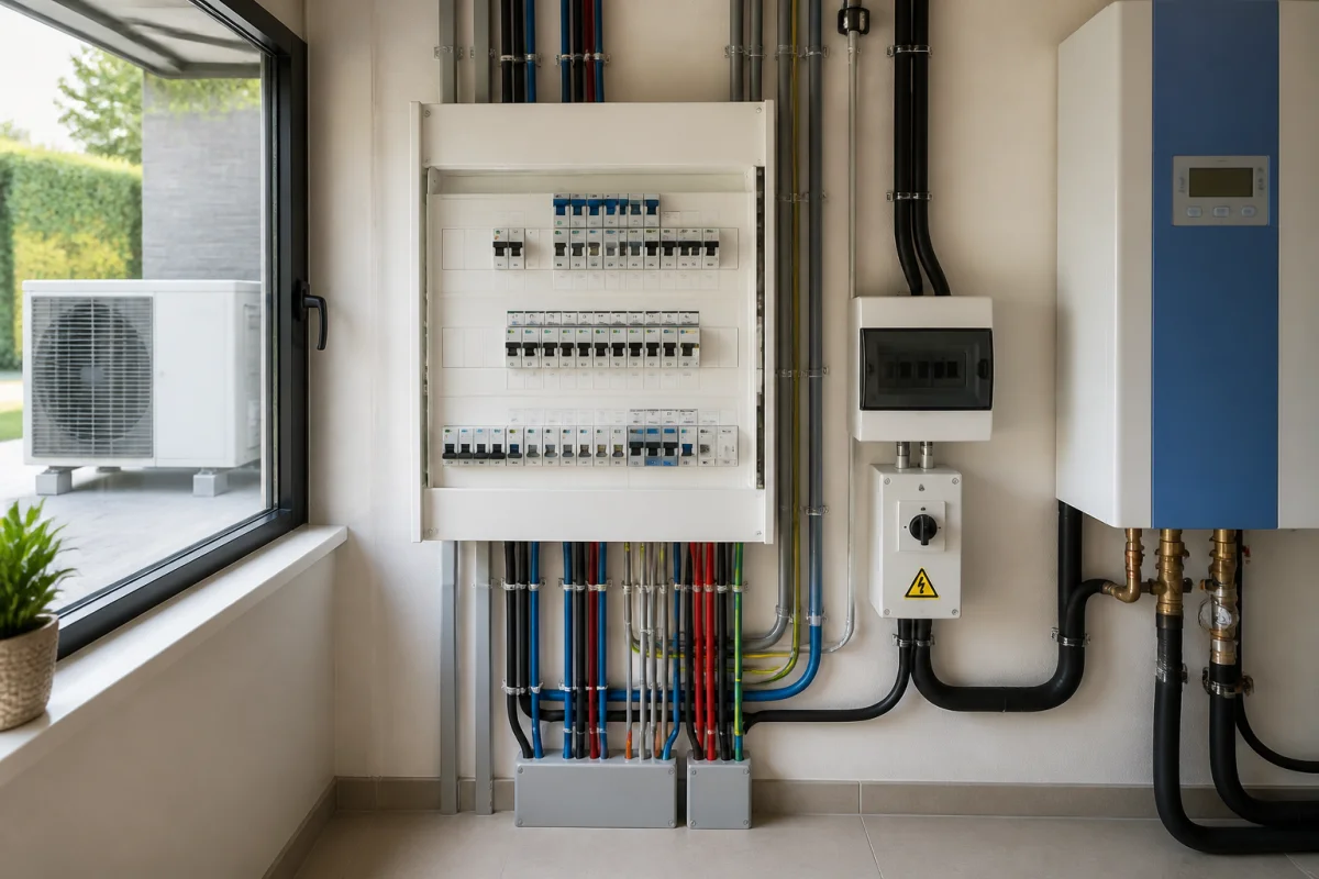 Tableau électrique sécurisé relié à une pompe à chaleur dans un local technique domestique propre et lumineux