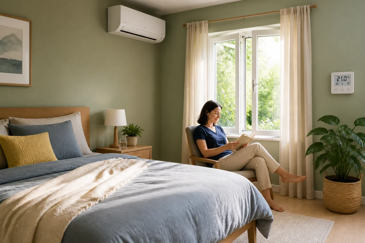 Chambre tempérée avec pompe à chaleur murale, thermostat modéré et personne lisant dans un intérieur sécurisé