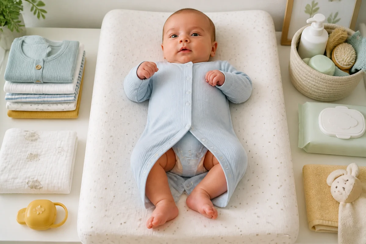 Nouveau-né paisiblement allongé portant un body en coton à pressions, sur une table à langer avec vêtements pliés.