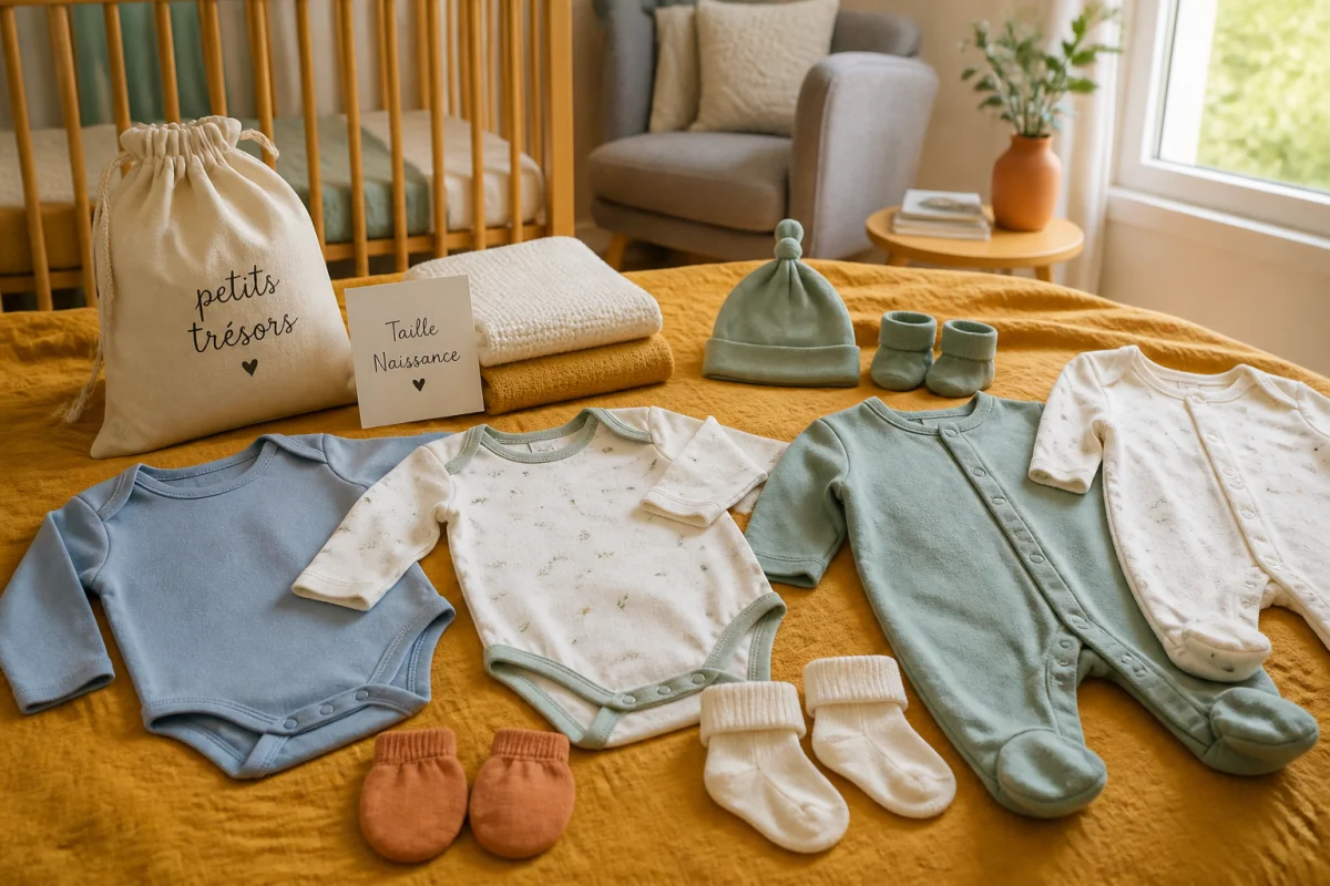 Premiers habits pour bébé disposés sur une couverture moutarde dans une chambre de maternité lumineuse