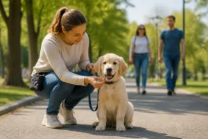 Premiers jours avec un chiot dans un parc, accompagné avec douceur pour une découverte sereine et progressive de son environnement