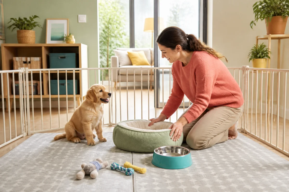Premiers jours avec un chiot : espace sécurisé, panier, gamelle et jouets préparés avec soin