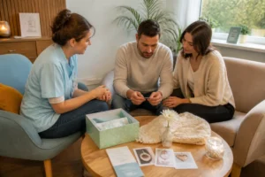 Prendre soin du deuil périnatal : famille accompagnée avec douceur par une professionnelle de santé dans un espace chaleureux