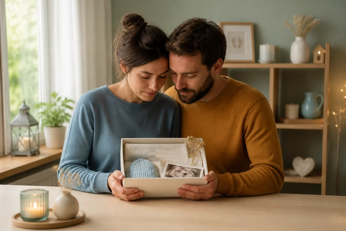 Prendre soin du deuil périnatal : couple endeuillé tenant une boîte mémoire dans un espace lumineux de recueillement.