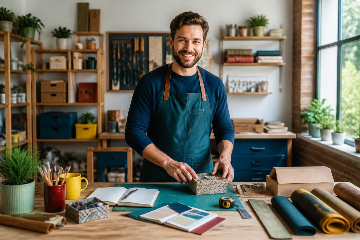 Artisan indépendant préparant son installation professionnelle dans un atelier organisé avec outils, fournitures et carnet de notes