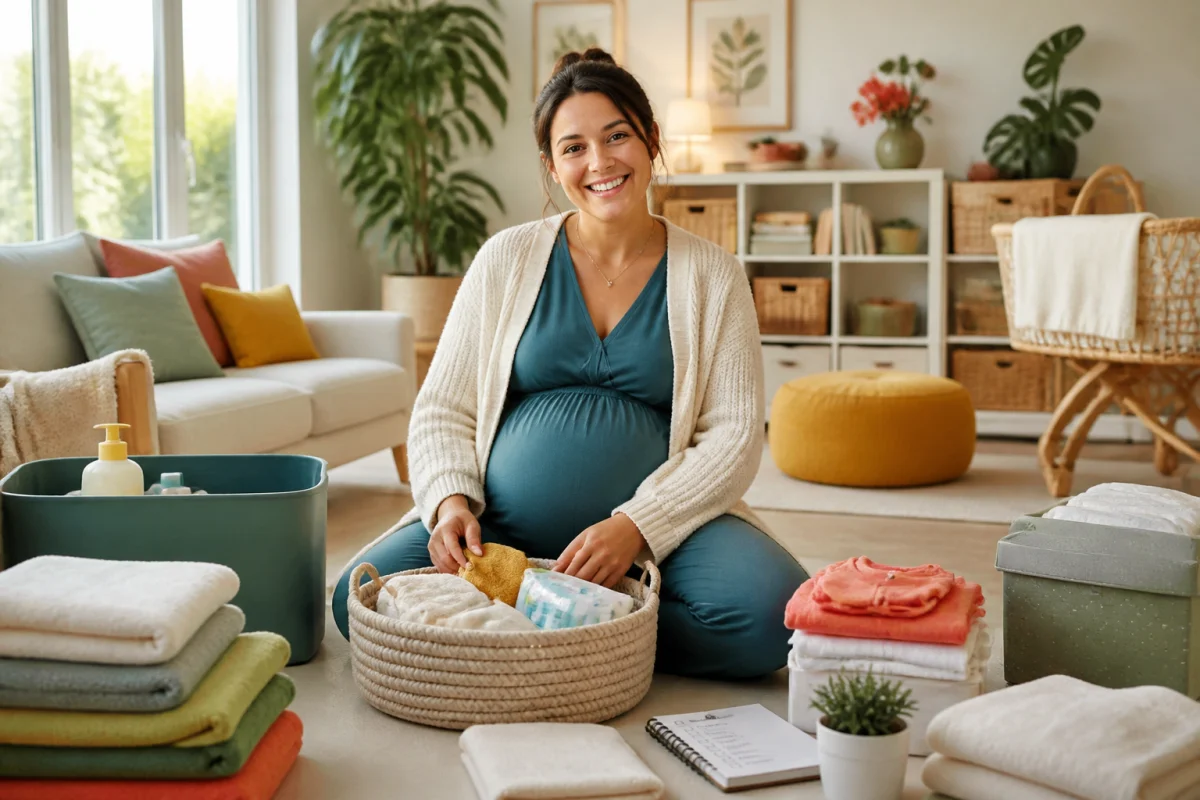 Femme enceinte préparant méthodiquement son accouchement à domicile avec des fournitures organisées dans un salon lumineux