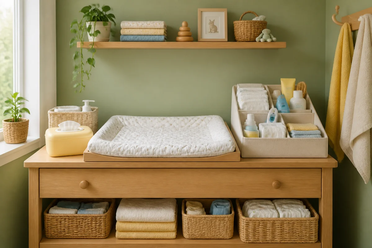 Station de soins pour bébé organisée sur une commode, avec couches, lingettes et produits essentiels dans une chambre lumineuse