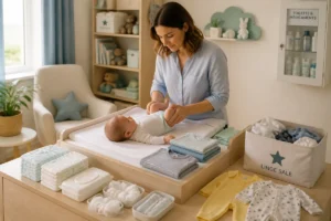 Coin de change de nouveau-né organisé, avec accessoires essentiels et bébé surveillé dans une chambre lumineuse