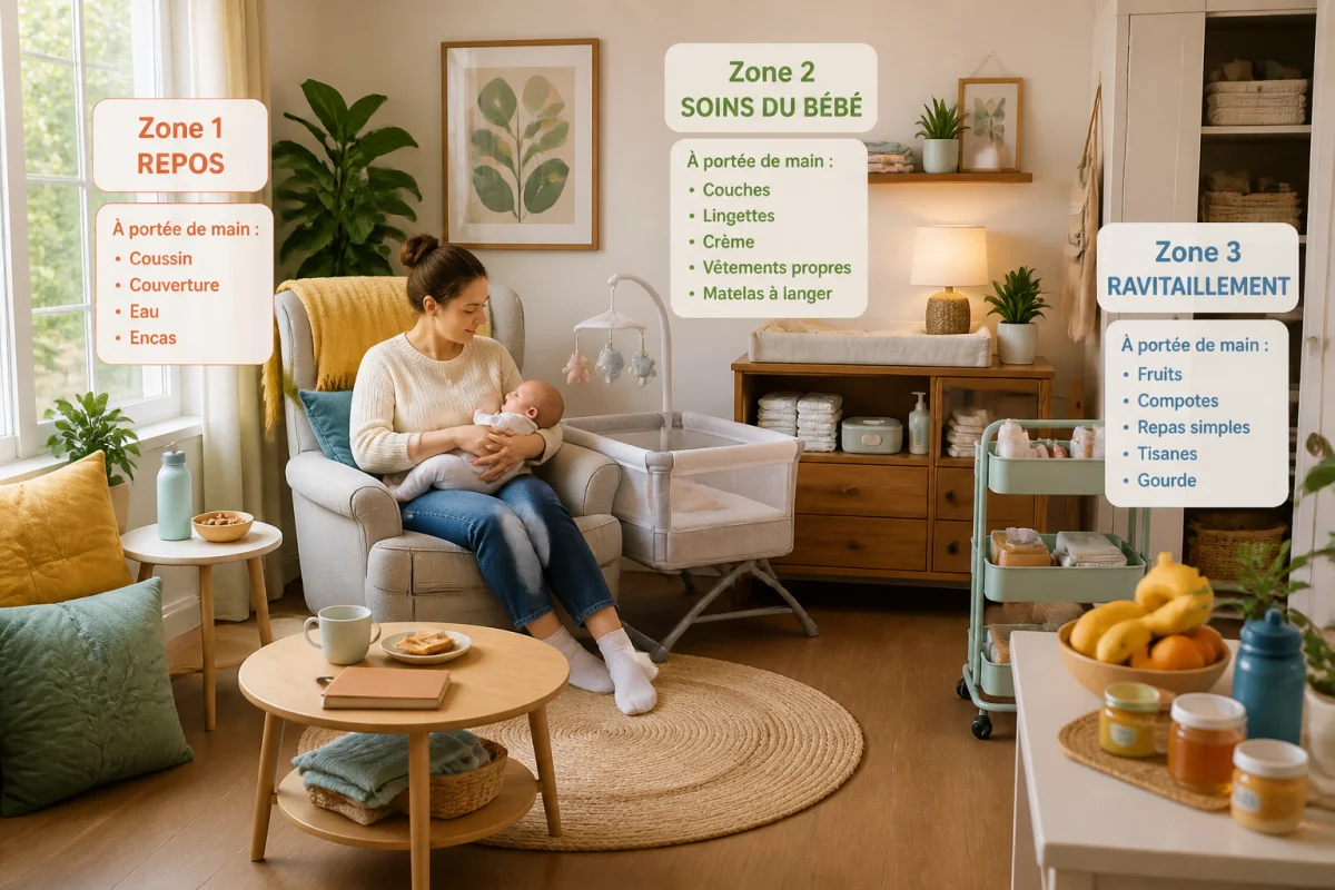 Salon familial organisé en trois zones pour préparer l’après-naissance à la maison : repos, soins du bébé et ravitaillement