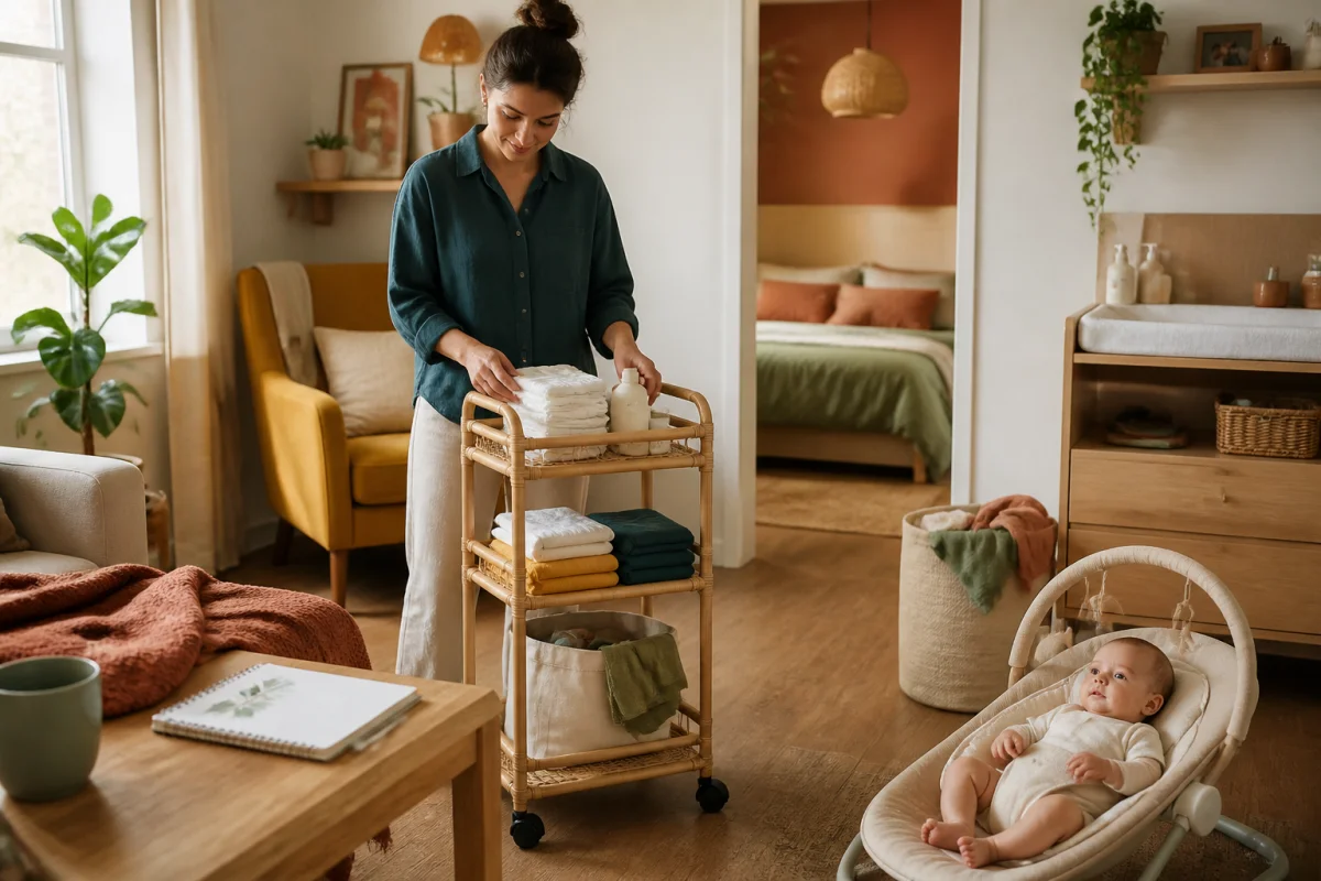 Jeune parent serein organisant l’après-naissance à la maison avec un panier mobile et un bébé en sécurité