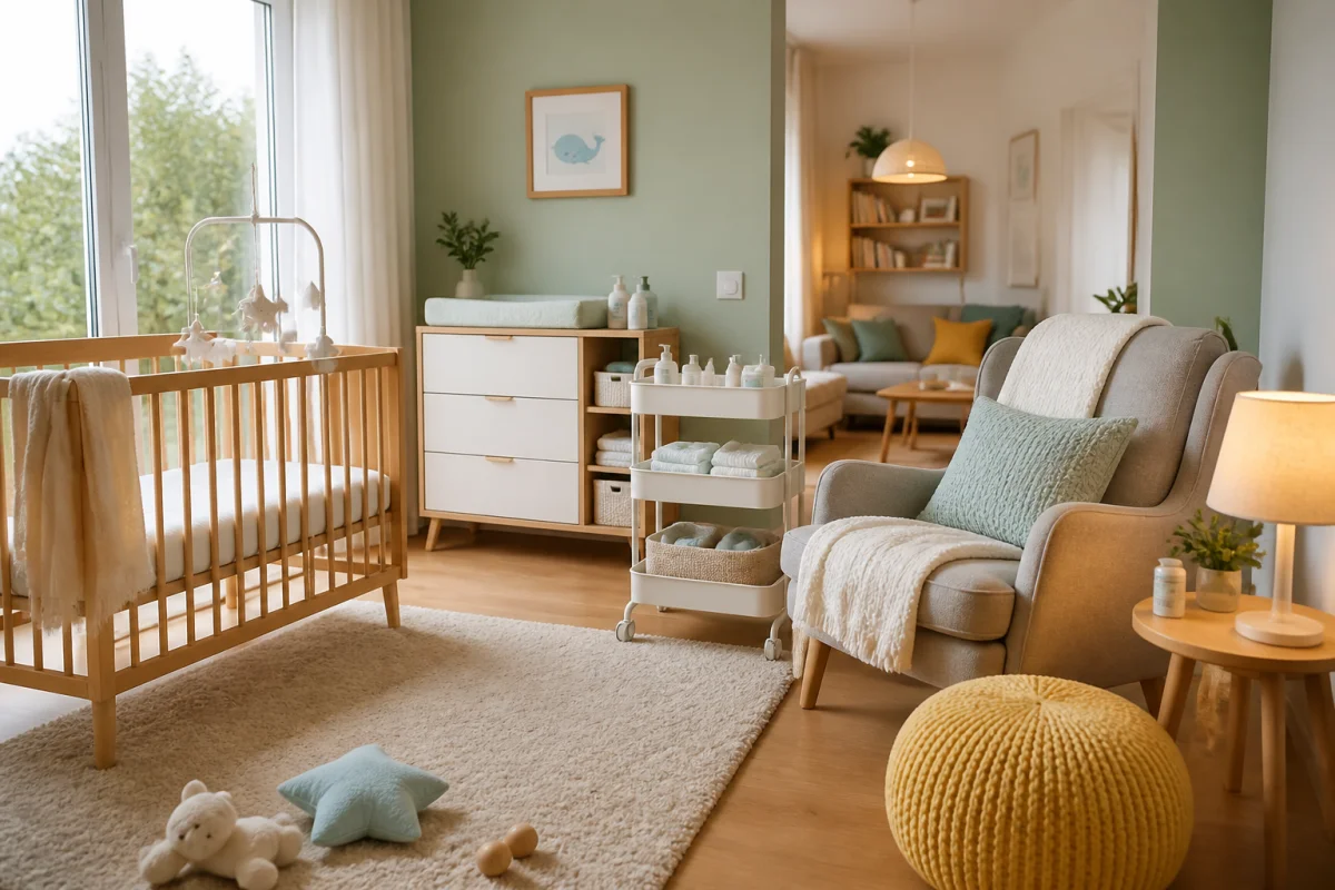 Espace familial organisé pour préparer l’après-naissance à la maison, avec berceau, coin soins et fauteuil confortable.