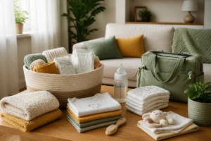 Espace familial organisé pour préparer l’arrivée de bébé avec vêtements pliés, couches, accessoires et sac à langer.