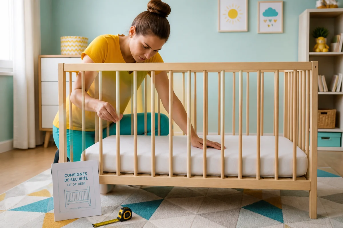 Future mère vérifiant la sécurité du lit de bébé pour préparer l’arrivée de bébé sereinement