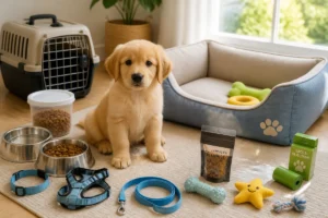 Préparer l’arrivée d’un chiot à la maison avec couchage, écuelles, jouets et accessoires essentiels disposés autour de lui