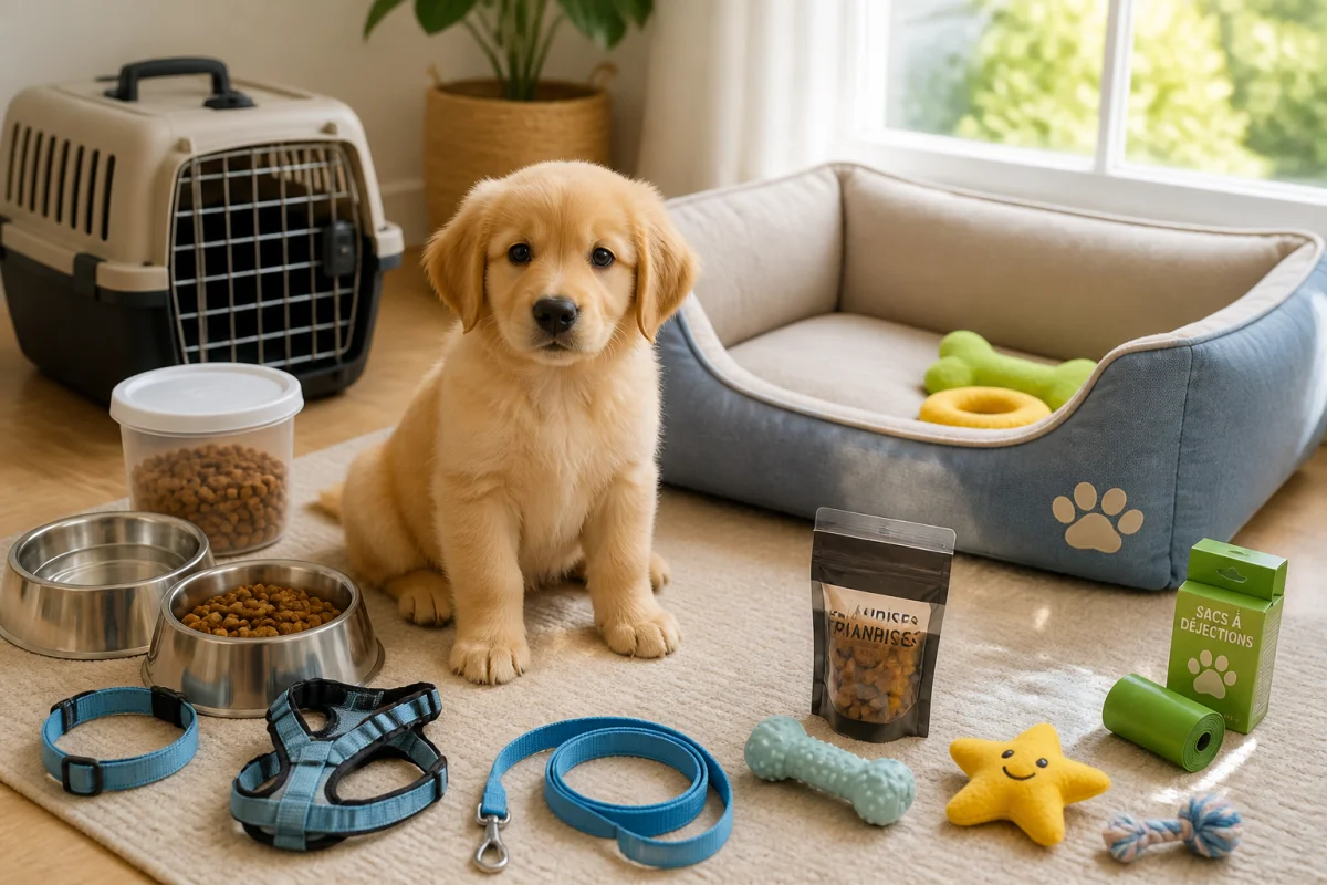 Préparer l’arrivée d’un chiot à la maison avec couchage, écuelles, jouets et accessoires essentiels disposés autour de lui