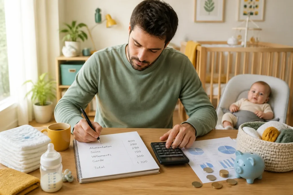 Jeune parent préparant un budget de naissance avec carnet, calculatrice et documents financiers près du berceau