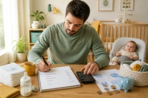 Jeune parent préparant un budget de naissance avec carnet, calculatrice et documents financiers près du berceau