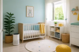 Chambre de bébé aménagée avec lit à barreaux, plante dépolluante, purificateur d’air et espace de rangement organisé